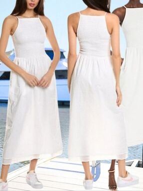 Joie Lory White Chic Cute Soft Linen Sleeveless Smocked Midi Dress Full Lined